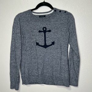 Nautica Navy Blue Marl Knit Sweater Nautical Anchor Graphic  Crewneck Small
